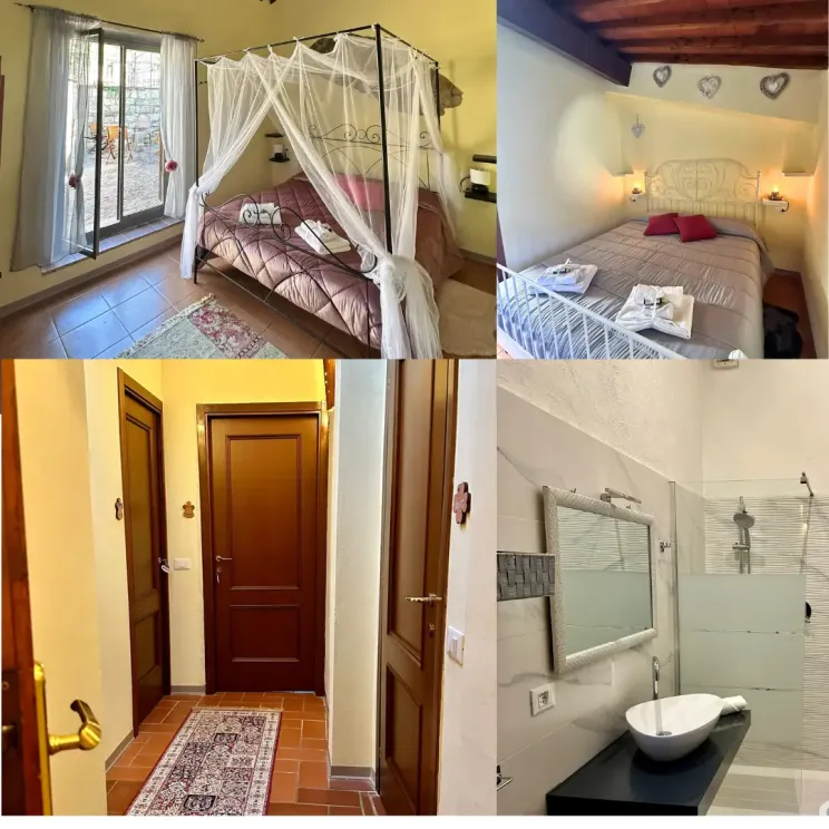 Family Suite of the Tassinaia farmhouse, a fusion of the Madame and Violet rooms, offering an elegant and spacious space ideal for families, with a welcoming and relaxing atmosphere.