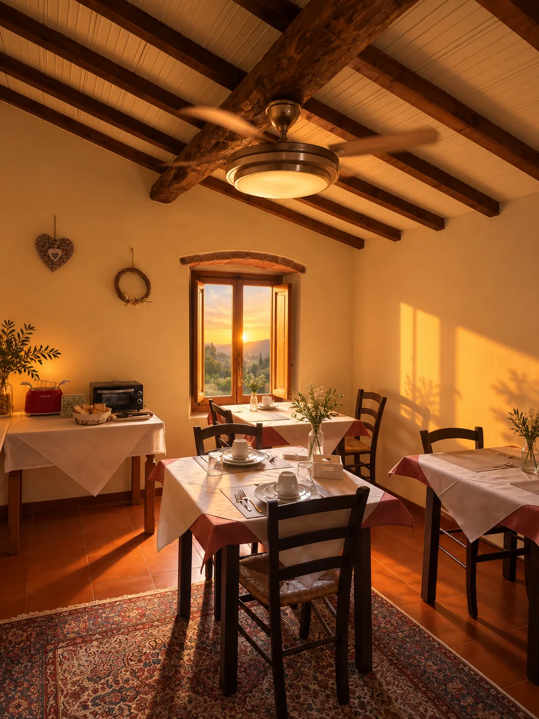 Indoor Tuscan breakfast room with wooden beams