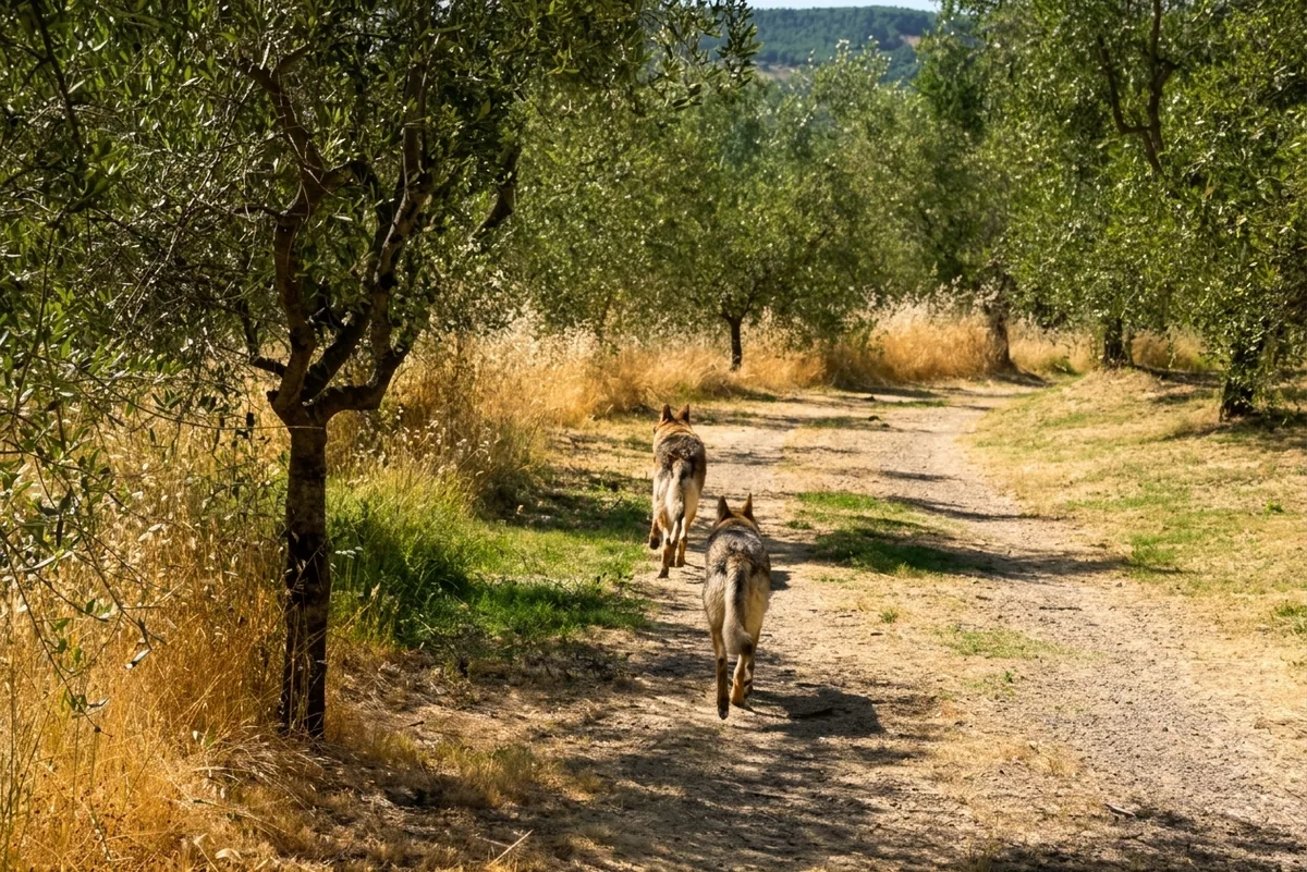 Moses and Arya walking along the olive grove trail