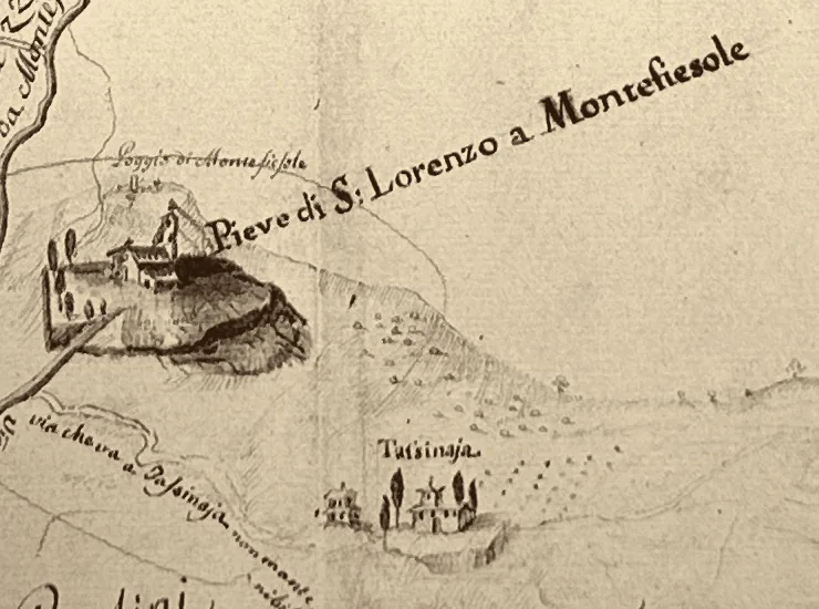 Detail of a historic map showing the Pieve di S. Lorenzo a Montefiesole and Tassinaia