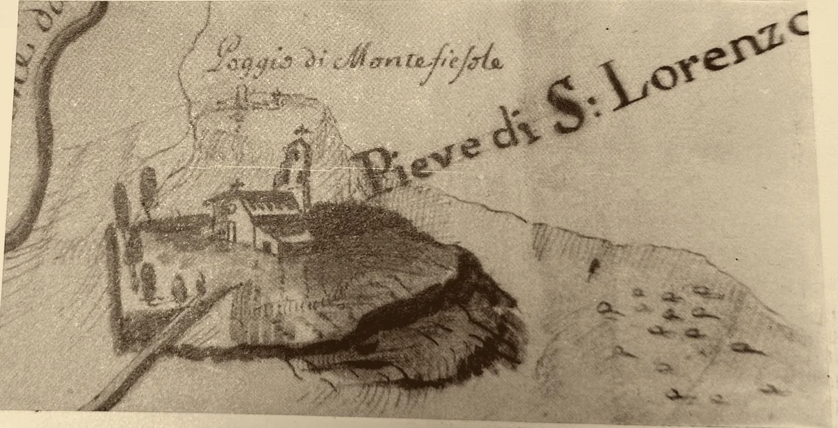 Old drawing of the Pieve di S. Lorenzo and the Poggio di Montefiesole